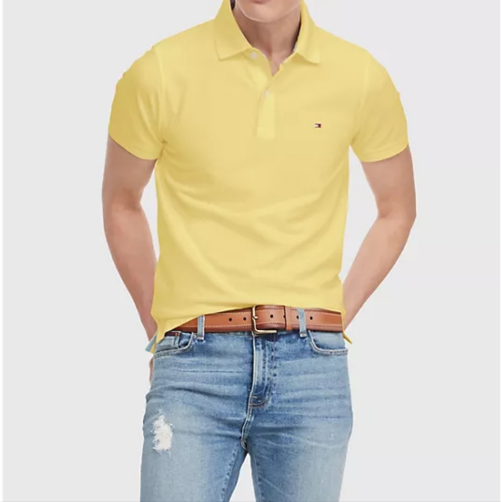 Tommy Hilfiger Classic Fit Solid Yellow Casual Mens Polo Shirt Size Large